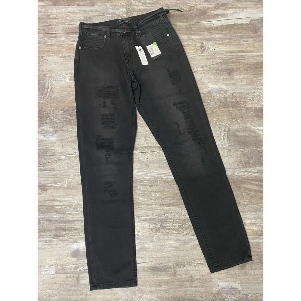 Maison Scotch Mademoiselle Tapered Leg Distressed Black Jeans Belt Women’s Sz 24